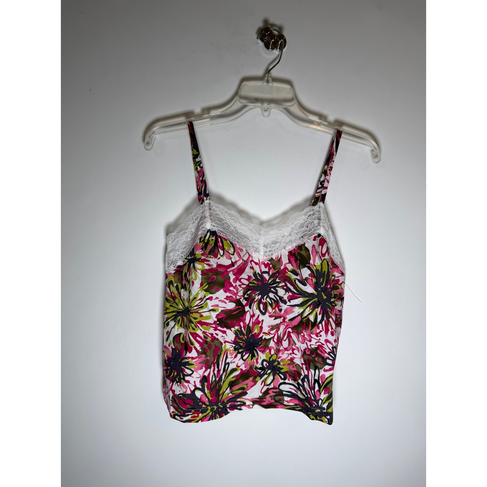 Trina Turk Floral Lace Trim Cotton Cami Top Pink Green Black Size S NWT
